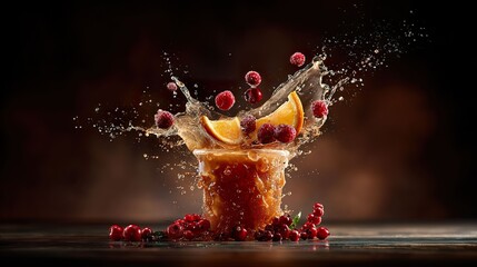 Refreshing drink with splash of liquid and fruit slices