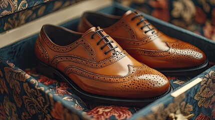 Stylish brown leather dress shoes in a vintage suitcase with intricate details, perfect for formal occasions, featuring elegant craftsmanship and rich color.