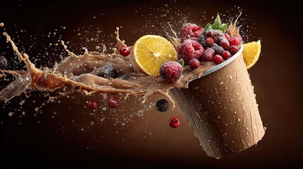 Refreshing fruit smoothie with splash and paper cup