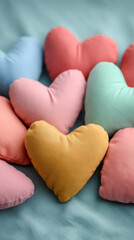 Obraz premium Soft heart shaped pillows in pastel colors create cozy valentine atmosphere perfect for expressing love and warmth in any room setting with gentle comfort and charm