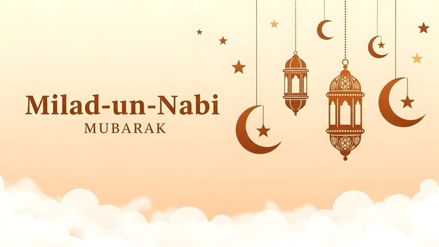 Miladunnabi mubarak greeting card with lanterns and crescent moon