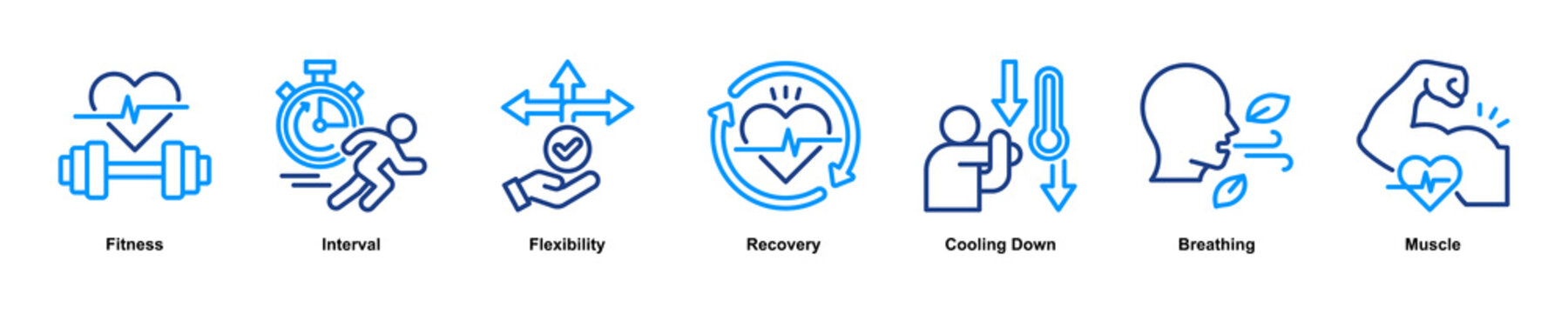 Training Recovery web banner icon illustration concept with an icon of fitness, interval, flexibility, recovery, cooling down, breathing, muscle. Outline Color style