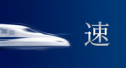 High speed bullet train with motion blur and Japanese kanji for speed on a dark blue background; a futuristic 3D illustration representing rapid transportation, efficiency, and momentum