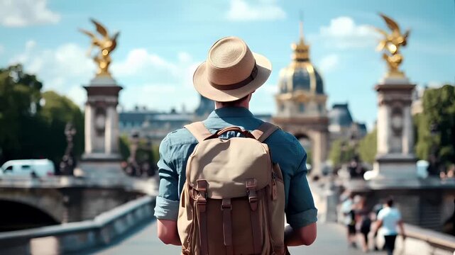 Paris, France, Europe. A man with a backpack and hat stands on a bridge overlooking a cityscape, with a golden statue in the background. The scene is bathed in natural light.