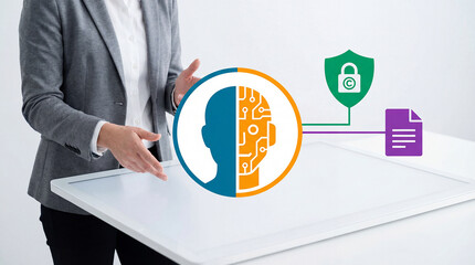 woman explaining technology and security concept on whiteboard