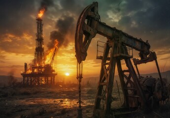 rusty oil pump jack silhouette against fiery oil rig and dramatic sunset sky