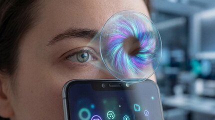 woman eye with futuristic virtual reality interface on smartphone screen