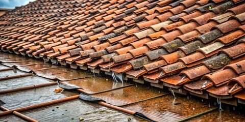 Fototapeta premium Rainwater cascading down a weathered terracotta roof's aged tiles, revealing the building's resilience and the beauty of natural elements during a downpour.