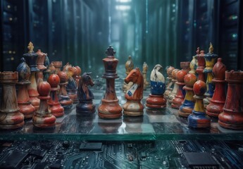 chess game on a circuit board with a server room background, representing strategy and artificial intelligence