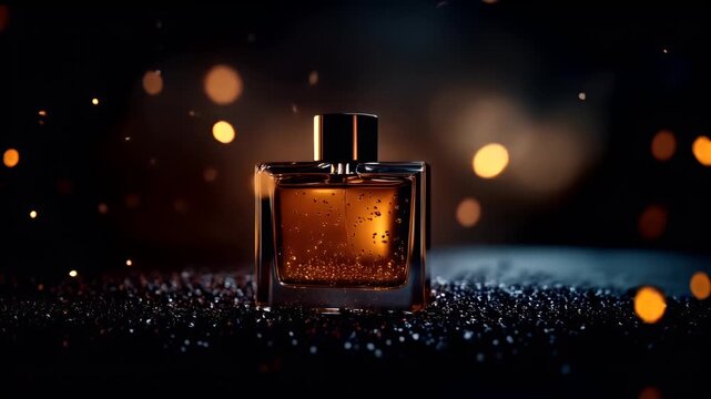A closeup shot of a perfume bottle with water droplets on it, set against a dark background with bokeh lights. The bottle is rectangular with a metallic cap and a transparent body.