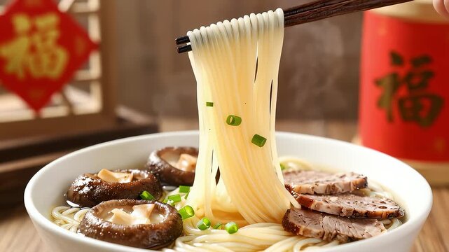 Chopsticks lifting steaming noodles in festive background