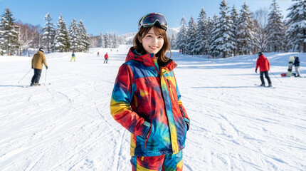 ゲレンデに立ちスキーを楽しむ女性