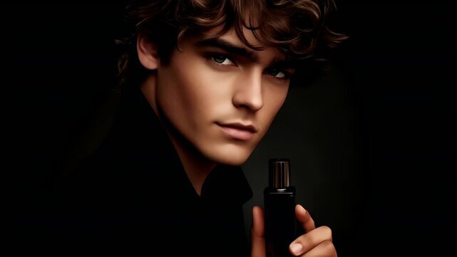 A closeup portrait of a young man holding a perfume bottle. The style is contemporary, with a focus on the subjects facial features and the texture of his skin.