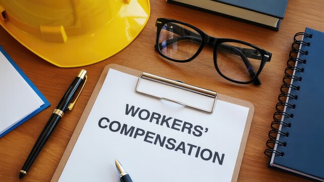 Workers compensation claim paperwork and protective hard hat resting on a wooden desk alongside reading glasses and writing instruments.