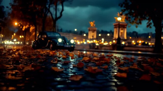 Paris, France, Europe. autumn leaves on a wet cobblestone street at night with a vintage car in the foreground.