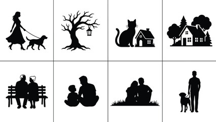 Obraz na płótnie Canvas Lifestyle silhouette icons set showing people pets home nature scenes and family moments isolated black vector illustration