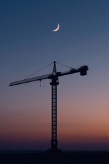 Crane silhouette under crescent moon
