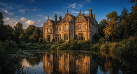 Obraz premium historic victorian manor house reflected in tranquil pond with lush greenery under a dramatic sky.