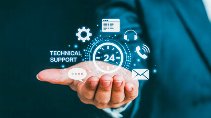 Hand holding digital icons for 24/7 technical support and communication services customer service help desk