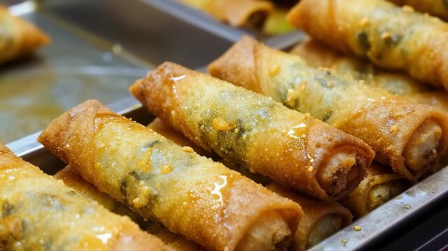 Golden crispy fried spring rolls neatly arranged on a tray