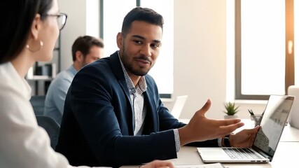 Man shows laptop to colleague. Smiling man shares presentation during meeting. Business teamwork in office highlights finance charts. Professional collaboration planning. Bright workspace with plants. - Powered by Adobe