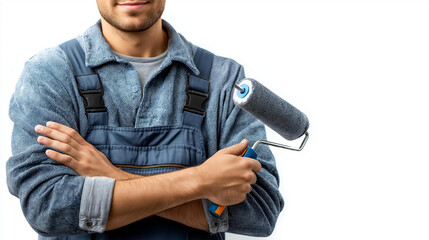 Painter holding a roller in overalls, faceless renovation service portrait, white background, with copy space