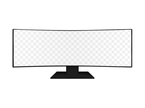 Ultrawide monitor. Realistic 3d vector mockup. Isolated flat panel ultra wide empty transparent screen stand. Easy editable mock-up. Big widescreen blank digital display. Template for design
