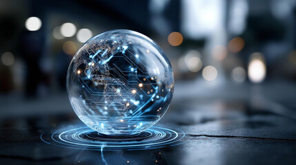 Glass sphere displaying a glowing world map with circuit patterns, global data connections, futuristic technology concept, reflections on dark wet surface, defocused edges,