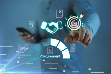 Procurement management concept. Businessman touching virtual interface with handshake and target icons. Digital supply chain, purchasing deal, and successful corporate business strategy.