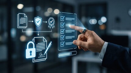 Hand interacting with digital compliance checklist,cybersecurity verification and document management system on futuristic interface screen in modern office