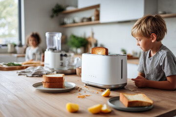 Young boy looking at a modern white toaster with fresh golden toast in a bright kitchen, representing morning routine and smart home appliances for family breakfast time