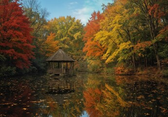 Fototapeta premium autumn scene with a charming gazebo reflected in a still pond surrounded by vibrant fall foliage.