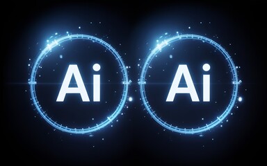 Neon Glow 3D Artificial Intelligence Logo Overlay with Futuristic Blue Light Technology on Black Background