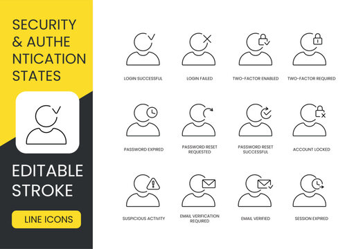 A set of security and authentication state UI icons for login flows, account protection, and access control in web and app interfaces, created in line style with editable stroke