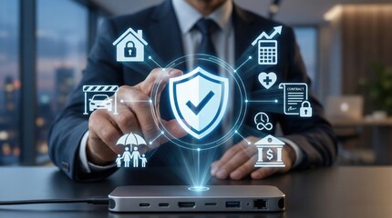 Cybersecurity protection concept with digital insurance shield icons,secure technology for data access control,financial security,and privacy management in business environment