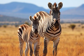 Fototapeta premium Zebras mother and young one standing together in dry african grasslands