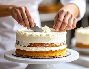 Baker Hands Decorating Naked Cake With Vanilla Frosting On White Cake Stand Natural Light Indoors
