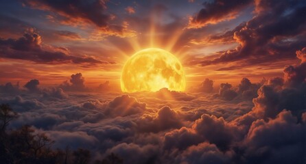 golden full moon rising above a dramatic sea of clouds at sunset with vibrant orange and purple sky.