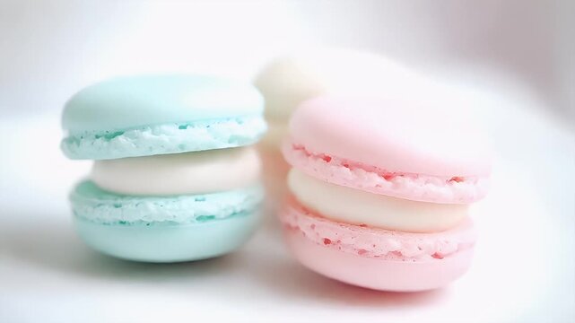 Paris, France, Europe. A closeup of three macarons stacked on top of each other, with a focus on the top layer of each macaron.