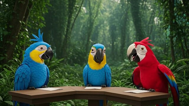 Anthropomorphic AI Parrots Hosting Talk Show in Rainforest
