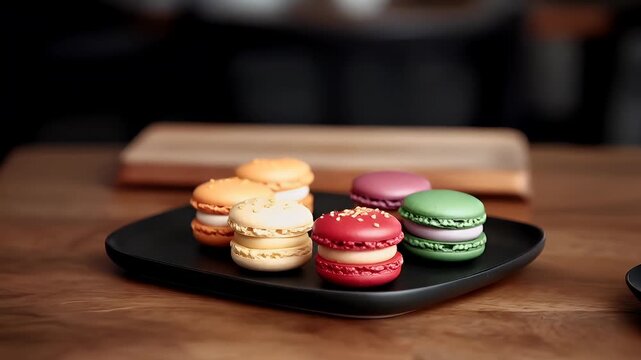Paris, France, Europe. A closeup shot of a wooden table with a plate of colorful macarons on it. The background is blurred, emphasizing the foreground.