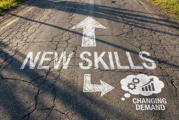 New skills upskilling learning future development concept digital motivation road sign on asphalt idea arrow direction opportunity change career growth Upskilling for future skills