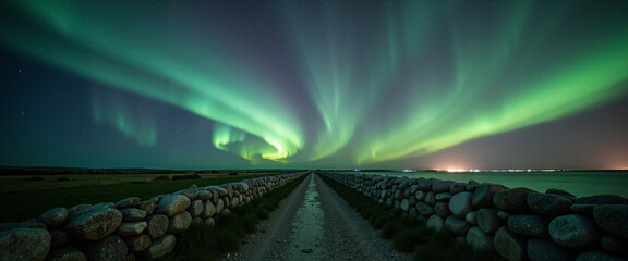 Northern lights illuminating Irish countryside with stone wall at night  