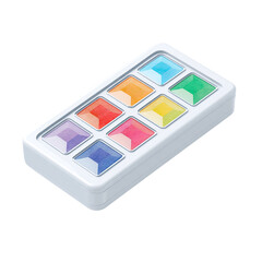 Isometric view of a rectangular plastic palette filled with eight colorful square jewels