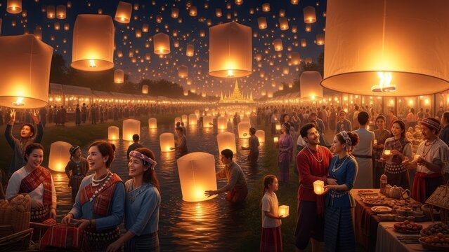 People releasing floating lanterns during festival celebration