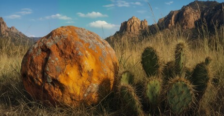 desert landscape with weathered rock and prickly pear cactus under a clear blue sky