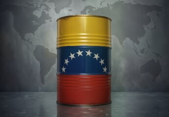venezuelan oil barrel with world map background representing energy resources and geopolitical concepts.