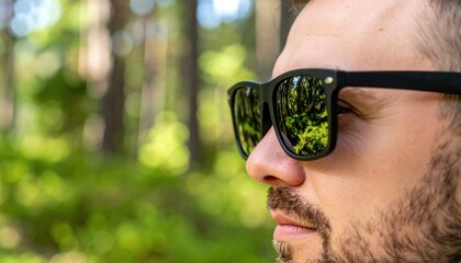Man Wearing Black Sunglasses Reflecting Green Forest Trees During Daytime in Close Up Profile Shot