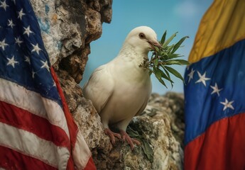 white dove with olive branch perched between the american and venezuelan flags symbolizing peace and international relations.