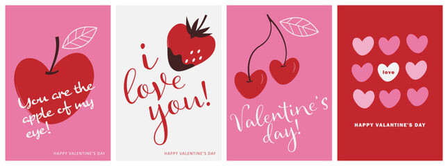 4 Romantic Valentine Card Set. Cute fruits and heart motif design. For greeting card, poster, banner and flyer etc.